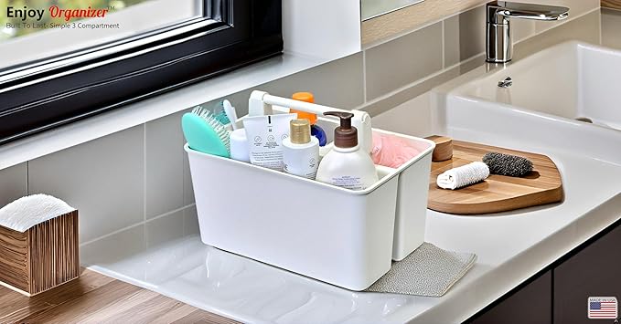 Shower Caddy Organizer with Handle, 3 Compartments, Portable Storage Bin for Bathroom, Dorm, Gym -Made In USA (Ivory)