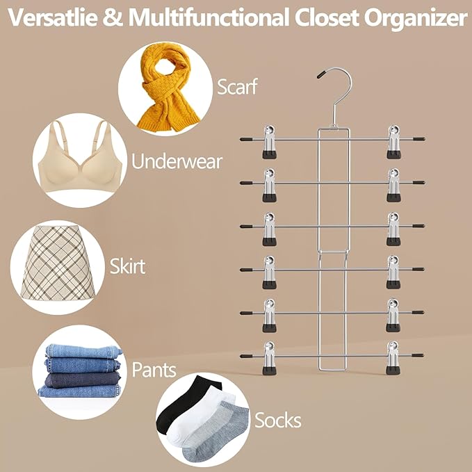 4 Pack Pants & Skirt Hangers Space Saving Hanging Closet Organizer and Storage, Upgrade Skirt Hangers with Clips and 360° Swivel Hook, Closet Storage-NeatNest
