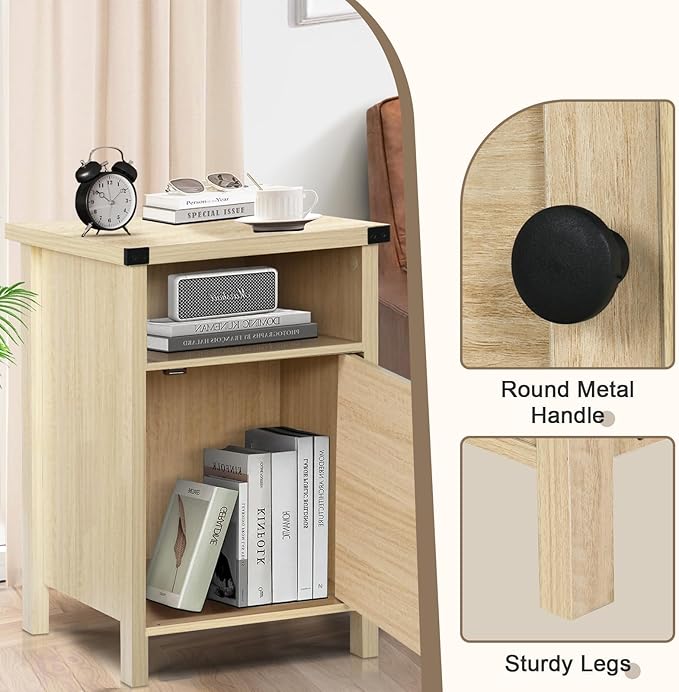 Farmhouse End Table, Side Table, Nightstang, End Table with Barn Door and Shelf, Rustic Modern Bed Night Stand for Bedroom, Living Room, Natural