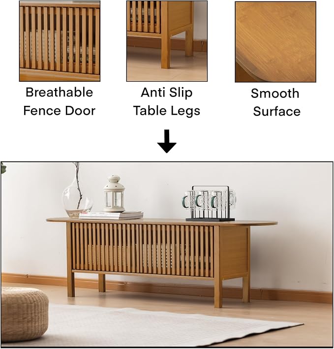 Bamboo TV Stand for TVs up to 65", Accent Entertainment Center with Storage, Media Console Table with Fence Door, Modern TV Stand for Living Room, Bedroom, 55"(L), Walnut-NeatNest