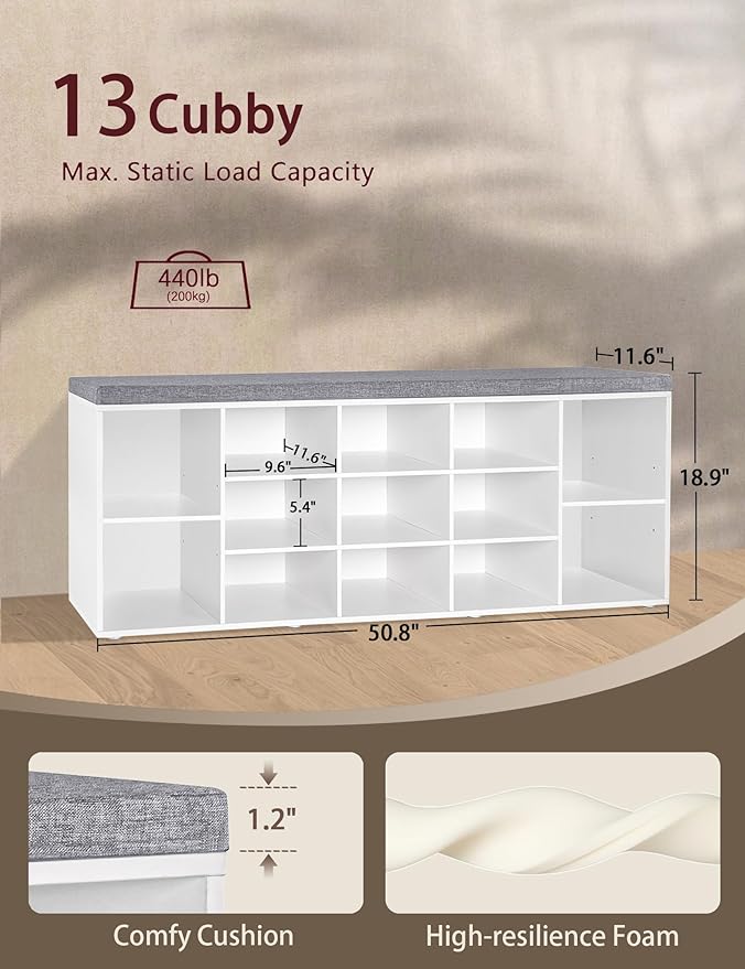 DINZI LVJ Shoe Storage Bench with Cushion, 13-Cubby Shoe Rack, Adjustable Shelves, Multifunctional Shoe Organizer Bench for Entryway, Mudroom, Hallway, Living Room, Bedroom and Garage, White-NeatNest