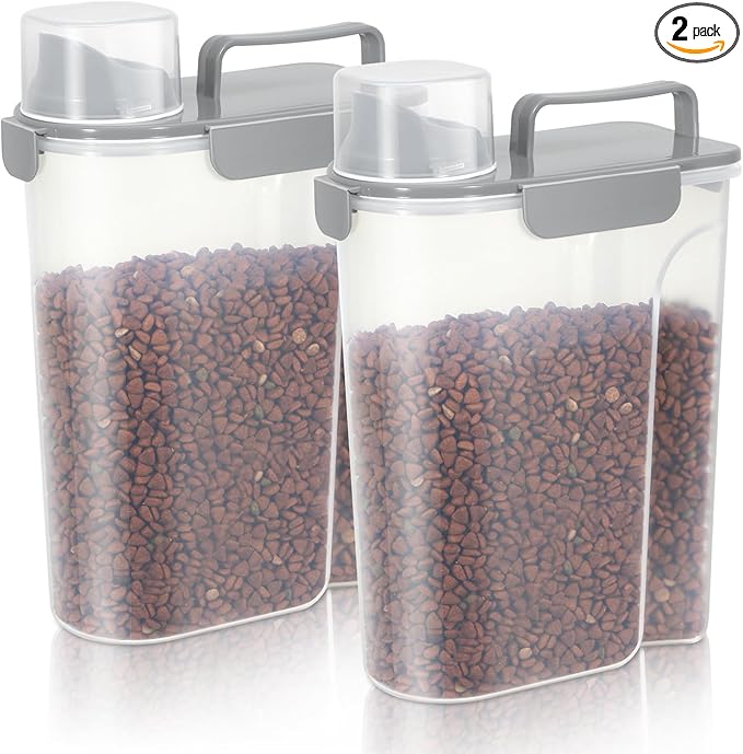 5-7Lbs Dog Cat Food Storage Container with Upgraded Large Nozzle BPA-free, 4 Snap Seals Plastic Pet Food Storage Containers with Handles (2, Light Gray, 5L)-NeatNest