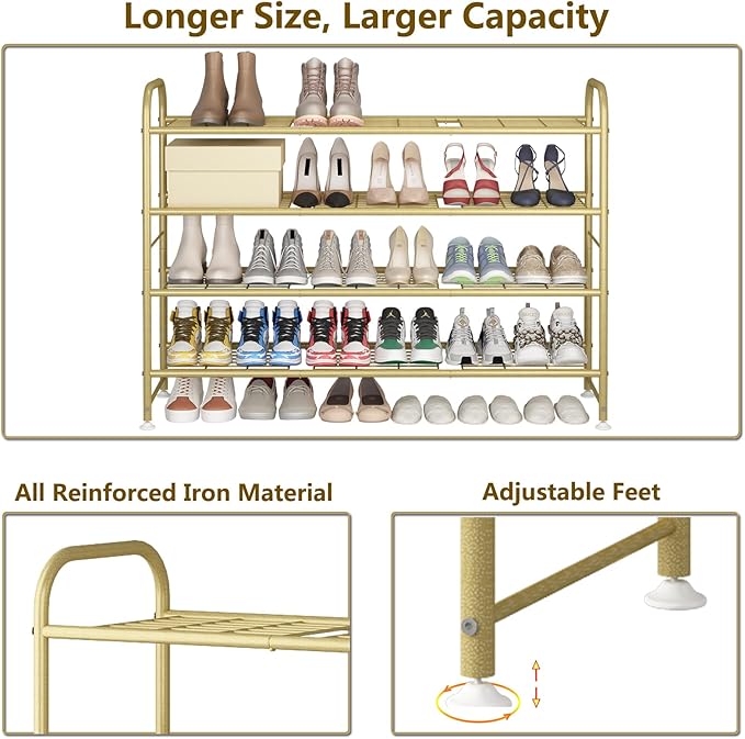 LINZINAR Shoe Rack 4 Tier Storage Organizer for Closet Entryway Metal Gold-NeatNest