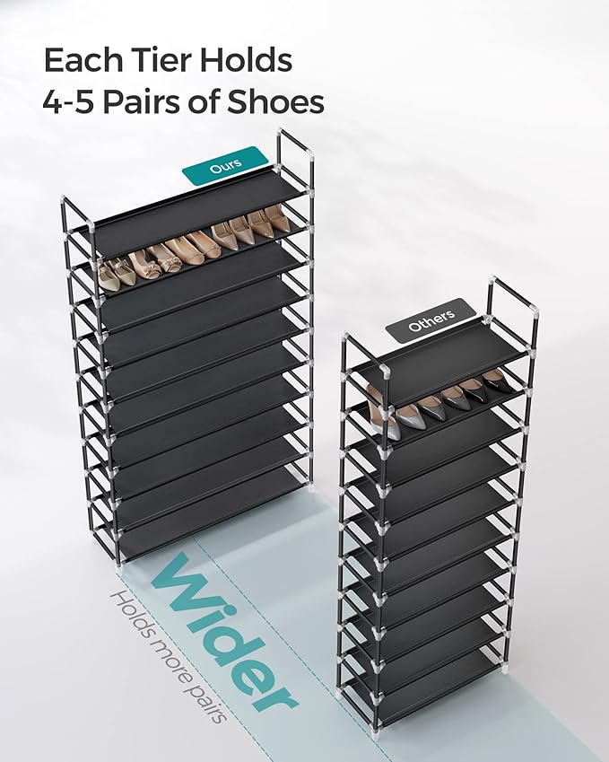SONGMICS 10-Tier Shoe Rack, Shoe Storage for Hallway Closet, Slim and Space-Saving, Metal Frame, Non-Woven Fabric Shelves, Black ULSH11H-NeatNest