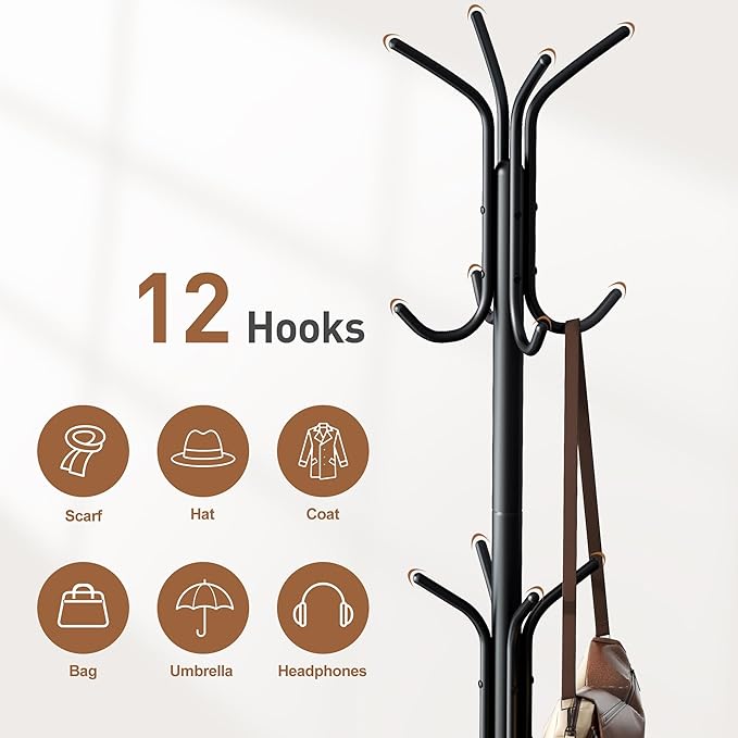 FILWH Coat Rack Freestanding Coat Tree Standing Coat and Hat Hanger Jacket Organizer Rack Metal,18.3" L x 18.3" W x 71.5" H, Black-NeatNest