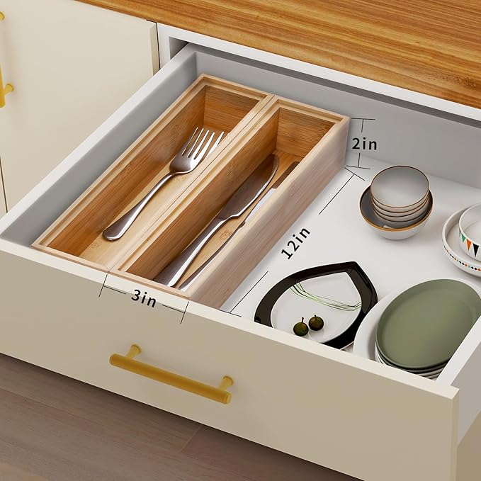 Bamboo Drawer Organizer, 2PCS Stackable Storage Boxes for Utensil Organizer, Wood Tray for kitchen, Bathroom and Bedroom 12" x 3" x 2"-NeatNest