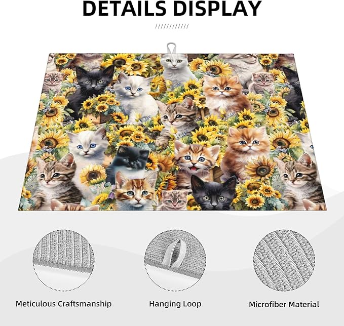 Cute Cat Dish Drying Mat 18 x 24 Inch for Kitchen Counter Cute Kitchen Mat Microfiber Kitchen Countertop Absorbent Reversible Drainer Rack Pad Dish Drying Mat-NeatNest