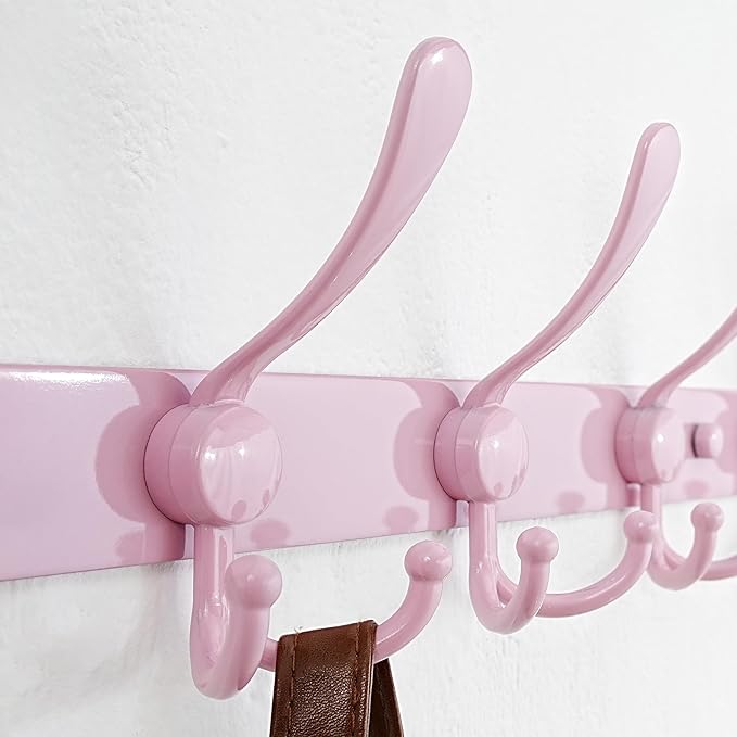 Dseap Coat Rack Wall Mounted - 5 Tri Hooks, Heavy Duty, Stainless Steel, Metal Coat Hook Rail for Coat Hat Towel Purse Robes Mudroom Bathroom Entryway (Pink, Pack of 2)-NeatNest