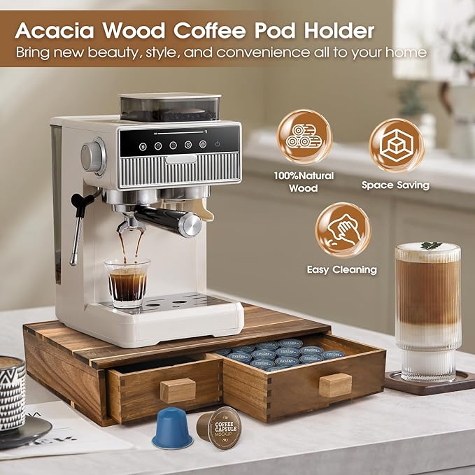 Acacia Wood K Cup Holder,Coffee Pods and Tea Bag Storage Organizer,with Two Drawers Kcup Holders for Counter,Multi-Functional Coffee Maker Stand-NeatNest