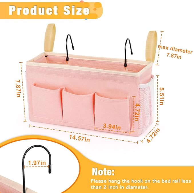 Bedside Caddy Bedside Organizer Bedside Storage Caddy with Fixed Straps and Water Bottle Holder for Home College Dorm Bunk Bed Hospital Bed Crib Bed Rails (2pcs Pink)-NeatNest