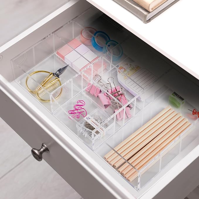Acrylic Drawer Organizer Clear Desk Drawer Organizer Trays with Adjustable Compartments Desk Accessories for Office Stationery Makeup Silverware Bathroom (Non Expandable)