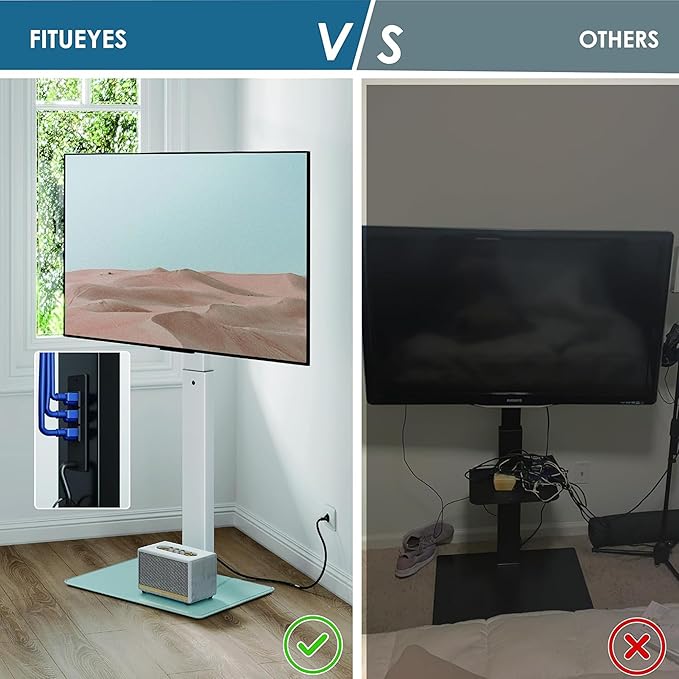 FITUEYES Floor TV Stand for 32-75 inch TV with Power Outlet, Tall TV Stand for Bedroom Living Room with Tempered Glass Base, Floor TV Mount Holds Up to 88lbs MAX VESA 600x400mm,Black-NeatNest