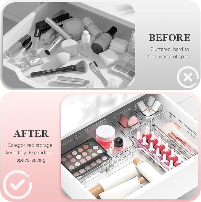 DILIBRA 16 Pcs Clear Extendable Drawer Organizer, Adjustable Drawer Storage 3-Size Desk Drawer Organizer, Plastic Non-Slip Storage Bins for Makeup, Cosmetic, Jewelries, Utensils, Stationery, Dressers-NeatNest