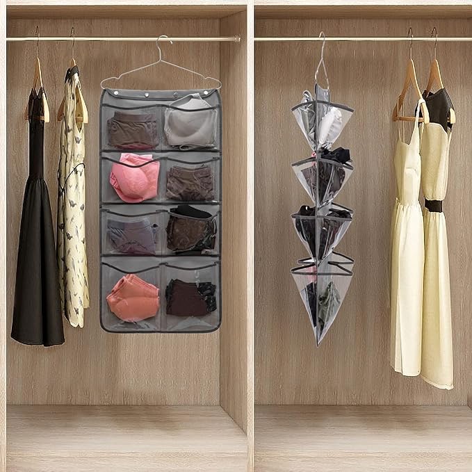 Dual Sided Hanging Closet Organizer Durable Socks Stocking Clothes Bra Accessories Storage Bag With 16 Large Pockets (Clear PVC Pockets)-NeatNest