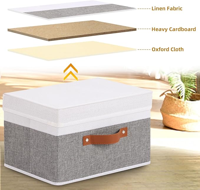 Fabric Storage Boxes with Lids, Linen Foldable Cloth Baskets, Closet Organizer Containers with Double Handles, Sweater Bins for Bedroom, White and Grey, 5 Pack, 13 x 9.1 x 7.9 Inch-NeatNest