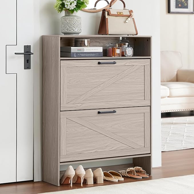 Shoe Storage Cabinet with 2 Flip Drawers,Farmhouse Narrow Shoe Organizer with Legs,Freestanding Hidden Slim Shoe Rack Cabinet with Open Storage for Entryway,Hallway, Foyer, Grey-NeatNest