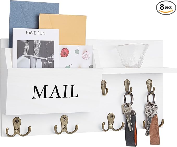 Key Holder for Wall, Heylor Mail and Key Hanger Wall Mount with Double Key Hook and Wall Coat Rack Shelf Decor,Key Organizer Suitable for Entryway, Hallway, Dog Leashes,Kitchen and Living Room (White)