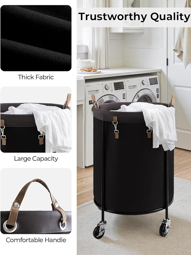 StorageWorks 170L Rolling Laundry Basket, Clothes Hamper with Wheels, Round Clothing Cart with Steel Frame and Removable Bag, 4 Casters and 2 Brakes, Black, 1-Pack