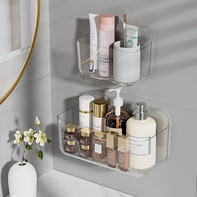 Wall Mounted Storage Organizer Bins Organizing Shelf Basket Clear Plastic Makeup Organizer Adhesive Hanging Bin Fridge Organizer for Bathroom,Kitchen,Cabinet,Pantry,Countertops (XL+L)-NeatNest