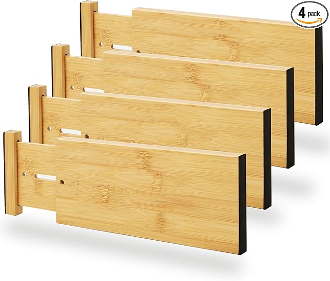 BAMEOS 4" High Bamboo Drawer Dividers - Adjustable Small Drawer Organizer - Kitchen, Dresser, Bathroom, Bedroom & Office - 4-pack-NeatNest