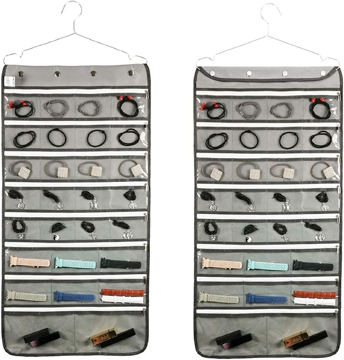 Dual Sided Hanging Jewelry Organizer with Hanger for Closet Necklace Earrings Bracelet Ring Travel Holder (56 Zippered Clear Pockets Grey)-NeatNest