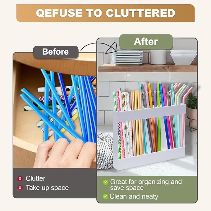 Acrylic Straw Holder Dispenser with Double Sided Adhesive Tape Reusable Tumbler Lid Straw Organizer Storage Container for Counter Cabinet Cupboard Kitce (White)