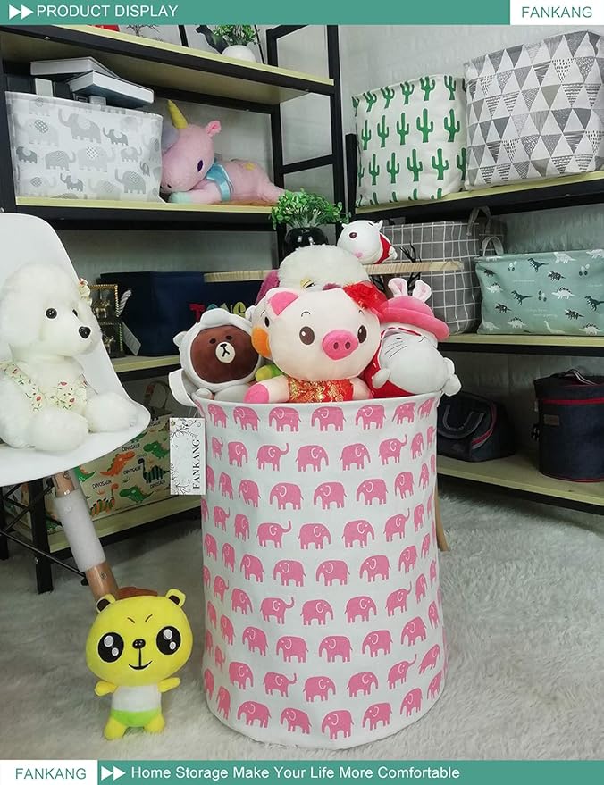 FANKANG Storage Basket, Nursery Hamper Canvas Laundry Basket Foldable with Waterproof PE Coating Large Storage Baskets for Kids Boys and Girls, Office, Bedroom, Clothes,Toys(Pink Elephant)