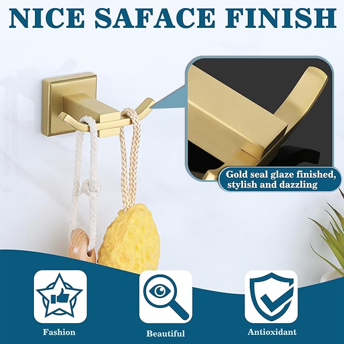 Alise Double Towel Hooks Gold,Wall Mount Coat Hook Towel Robe Clothes Hanger for Bathroom Kitchen Garage Hotel Cabinet,SUS304 Stainless Steel Wall Hooks for Hanging Coat Hat Towel,Pack of 2