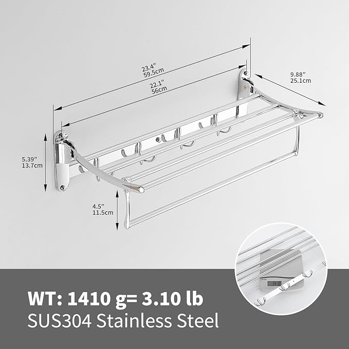 BESy 24 Inch Polished Chrome Towel Racks, Bathroom Towel Shelf with Foldable Towel Bar Holder and Towel Hooks, Wall Mounted Multifunctional Bathroom Accessories, Double Towel Bars-NeatNest