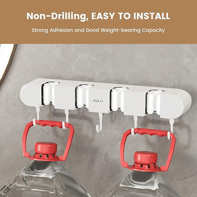 2Pcs Mop Holder with Hooks Wall Mounted Mop and Broom Holder Punch Free Broom Organizer Space Saving Broom Hanger Mop Clip Holder Hanging Mop and Broom Storage for Bathrooms Home,White (2)