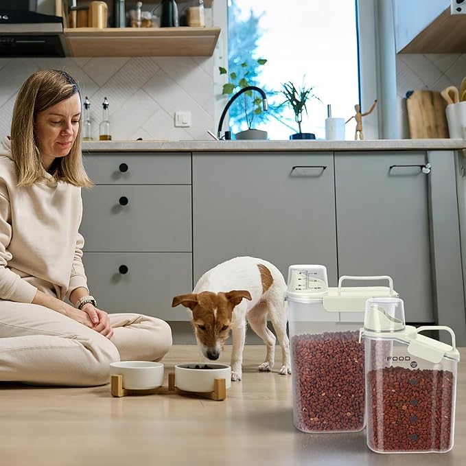 Dog Food Storage Container, Upgraded Large Nozzle BPA-free, 8-12 LBS Plastic Pet Food Storage Containers, With 4 Sealed Clasps, 1 Measuring Cup and Handle (2, Beige (3L+5L), (3L+5L))-NeatNest