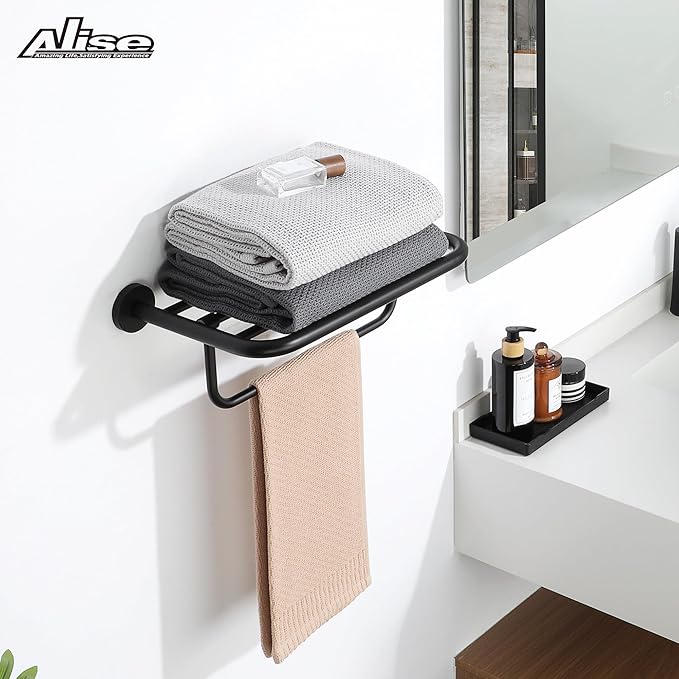 Alise 16 Inch Towel Racks for Bathroom, Foldable Towel Hanger Towel Shelf with Tower Bar, Heavy Duty Towel Holder, SUS 304 Stainless Steel Wall Mount Towel Rail, Matte Black