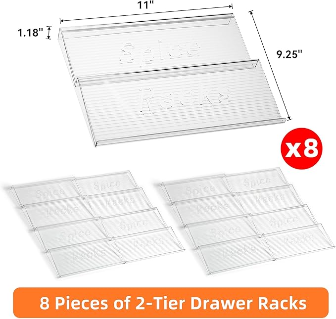 8 Packs Spice Drawer Organizer, 2-Tier Acrylic Drawer Seasoning Organizer, Expandable From 11'' to 22'' Kitchen Spice Rack Organizers and Storage for Drawer (Jars not included), Clear