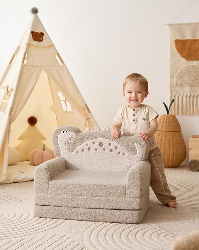 Blissful Diary Kids Couch, 2-in-1 Soft Toddler Couch Fold Out, Toddler Chair Comfy, Convertible Sofa to Lounger, Kids Furniture for Playroom, Gift for Birthday, Children's Day, Khaki Dinosaur-NeatNest