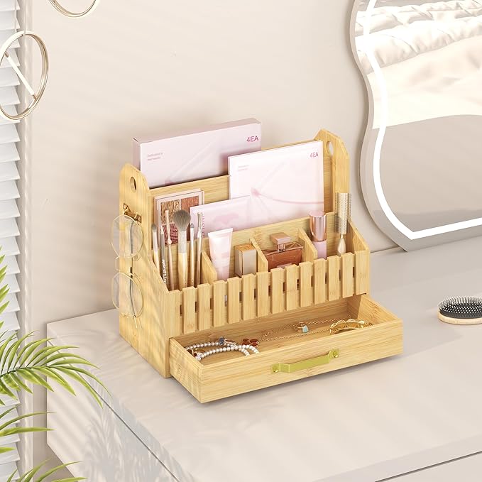 Bamboo Mail Organizer Countertop with Drawers, Wood Desk File Organizer Desktop Paper Organization Storage Bill & Letter Sorter Holder for School Home Office Supplies, No Assembly Required (Nature)-NeatNest