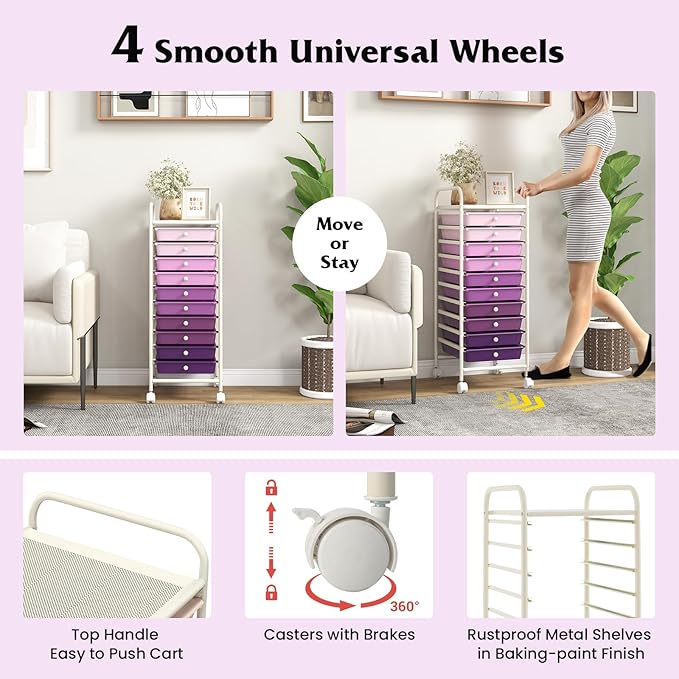 Giantex 10-Drawer Storage Cart w/Universal Wheel, Rolling Cart w/Handle, Home Organizer Storage Unit w/Removable Drawers, Trolley Utility Cart for Kitchen Makeup Living Room Office Play Room