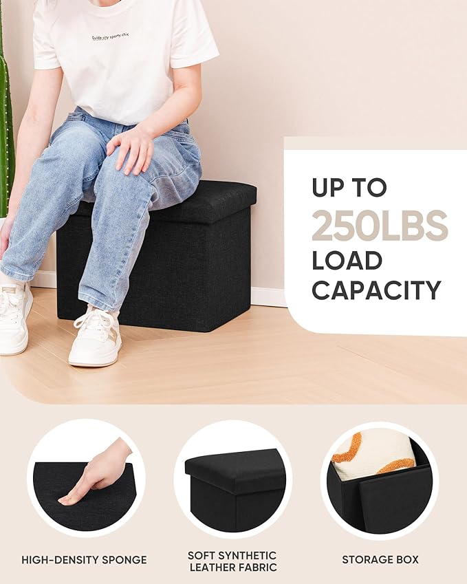 B FSOBEIIALEO Folding Storage Ottoman Cube Linen Ottomans for Living Room, Bedroom, Home Office, Dorm Storage Footrest Black 16.5"x12.6"x12.6"