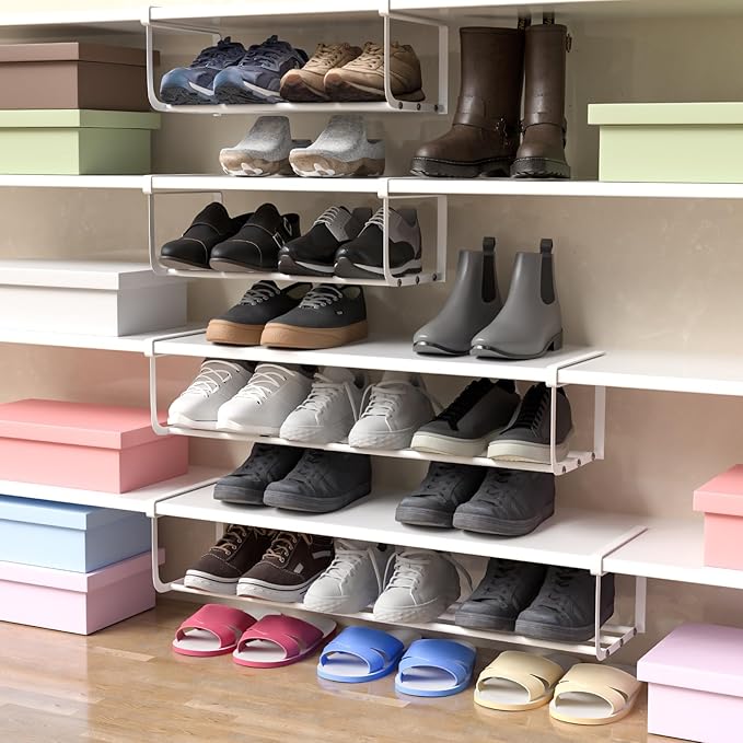 4 Pcs Expandable Shoe Rack Organizer for Closet 16.5-31.5 Inch Adjustable Retractable Hanging Cabinet Shoe Shelf Dorm Room Storage for Space Saving (White)-NeatNest