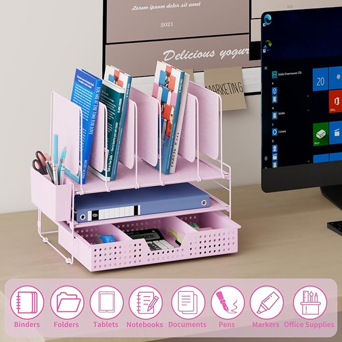 Desk Organizer, Office Organization with Vertical File Holder, File Organizer with Drawer and Pen Holder, Desk Accessories and Workspace Organizers for Home Office (Pink)-NeatNest