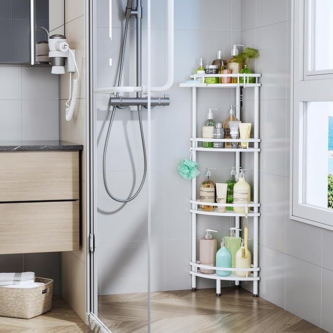 HapiRm Standing Corner Shower Caddy - 4 Tier Shower Organizer Corner with Soap Holder and 4 Hooks, Rustproof Bathroom Storage Shelves with Adhesives, White