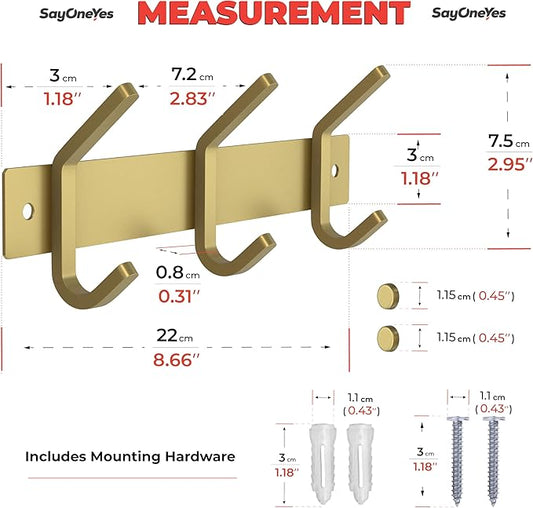 Brushed Gold Small Coat Rack Wall Mount – 9 Inch Stainless Steel Rail with 3 Double Coat Hooks for Entryway, Bathroom, Bedroom, Kitchen – Modern Gold Hook Rack for Coats, Hats, Towels-NeatNest