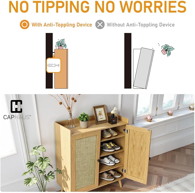 CAPHAUS 5 Tier Shoe Cabinet for Entryway, Modern Entryway Shoes Organizer w/Rattan Doors & Wooden Legs, Adjustable Shelves, Hidden Shoe Rack, Natural Oak
