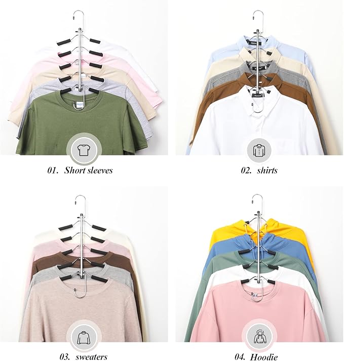 Space Saving Clothes Hangers – 5-in-1 Shirt & Coat Hangers with Non-Slip Foam, Stainless Steel Tiered Closet Organizer for Sweatshirts, Hoodies, Sweaters, T-Shirts – 4 Pack by ZNBEN-NeatNest