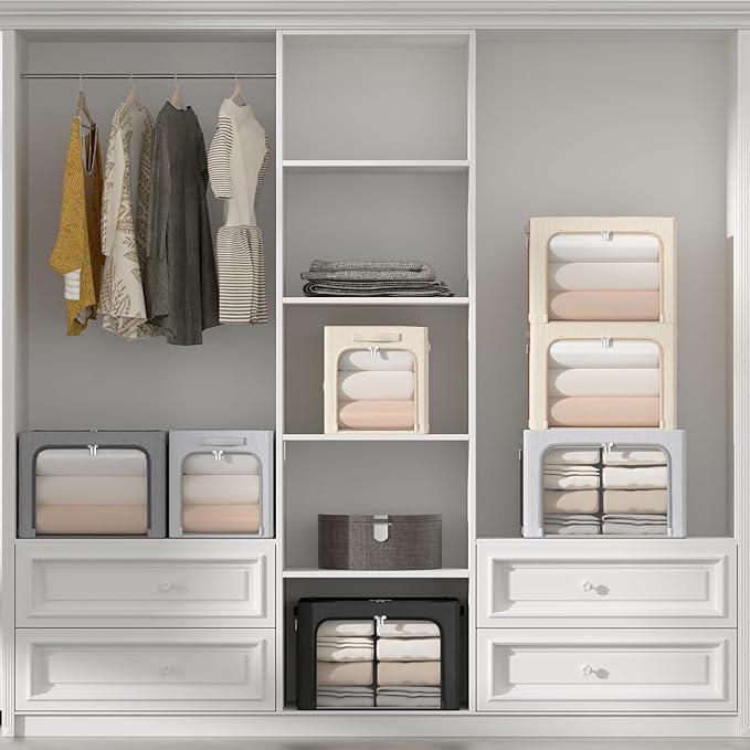 3 Openings Clothes Storage Bins Box - 3Pack Stackable Foldable Storage Bin - Metal Frame Storage Box Clothing Storage Organizer with Clear Window, Carry Handles (66L-19.7x15.7x13in, Beige)-NeatNest