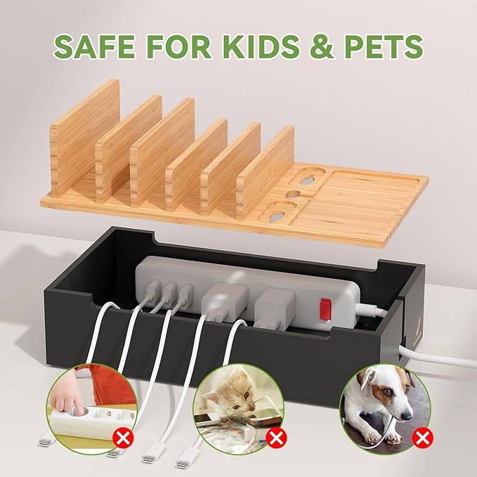 Pezin & Hulin Cord Organizer Box, Surge Protector Organizer, Device Charger Station for Phones & Tablets, Wood Charging Dock -with 6 Wire Cables, BUT NO Power Supply - Natural + Black