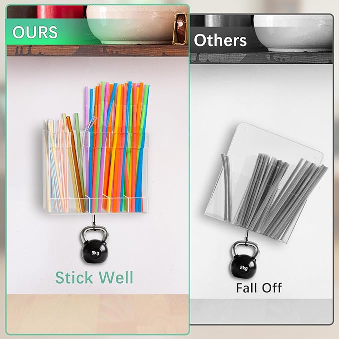 Acrylic Straw Holder for Cabinet Door with Double Sided Adhesive Tape Reusable Tumbler Straw Organizer Storage Container Dispenser for Counter Cabinet Cupboard Kitchen(Transparent)