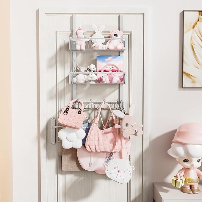 HapiRm Over The Door Hanger with Coat Hooks and 2 Baskets, Rustproof & Waterproof Over The Door Hooks, Storage Organizer for Hats, Bathroom, Kitchen, Bedroom-Silver (for 1.76in Doors)
