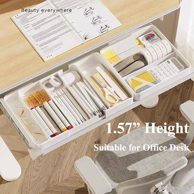 Shallow Drawer Organizer, 2 Pack Expandable Office Drawer Organizers Dividers, Pen Organizer for Desk, Tray Box Accessories for Desktop, Bathroom, Kitchen, Makeup, Vanity, Medicine-NeatNest