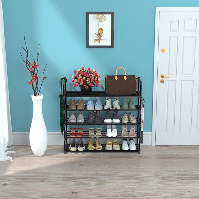 5 Tiers Metal Shoe Rack,Adjustable Shoe Shelf Storage Organizer with Hooks,Stackable Boot & Shoe Storage,for Entryway,Hallway,Closet,Black-NeatNest