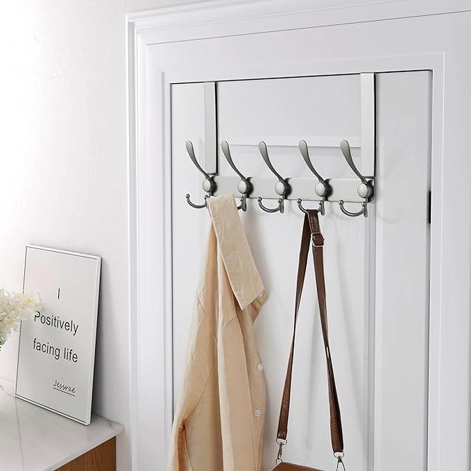 Dseap Over The Door Hook Hanger - 5 Tri Hooks, Heavy Duty Over The Door Towel Rack Coat Rack for Clothes Hat Towel, Grey, Pack of 2